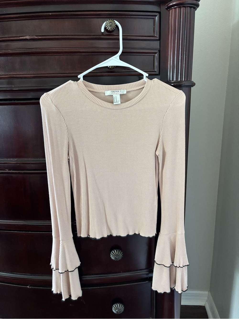 Forever 21 Blush Beige Ribbed Long-Sleeve Top with Double Ruffle Cuffs